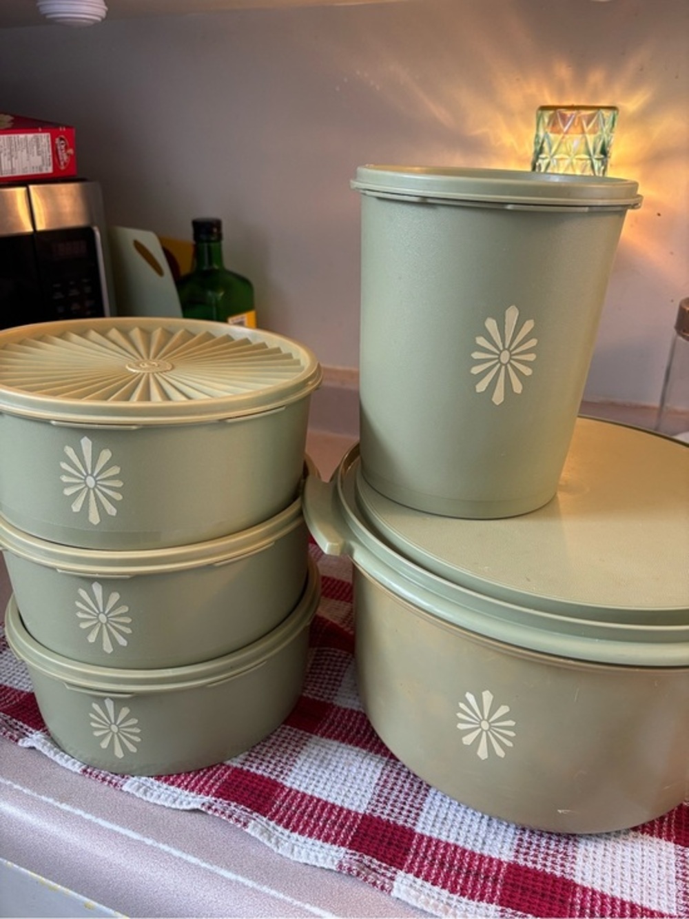 Vintage Tupperware green servalier canisters and cake holder